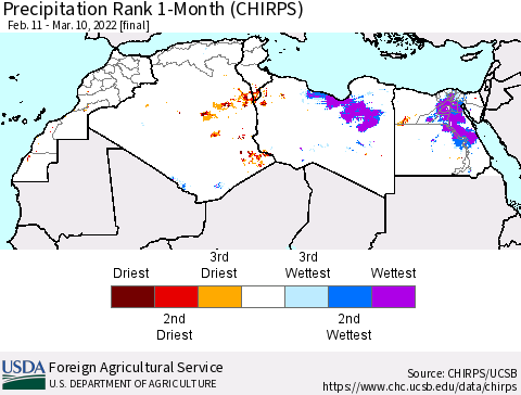 North Africa Precipitation Rank since 1981, 1-Month (CHIRPS) Thematic Map For 2/11/2022 - 3/10/2022