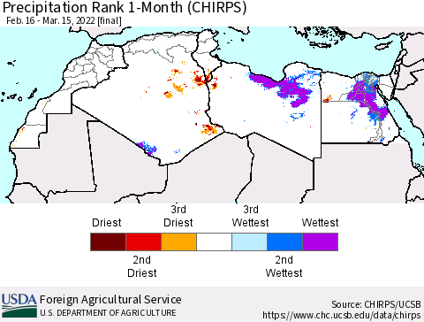 North Africa Precipitation Rank since 1981, 1-Month (CHIRPS) Thematic Map For 2/16/2022 - 3/15/2022