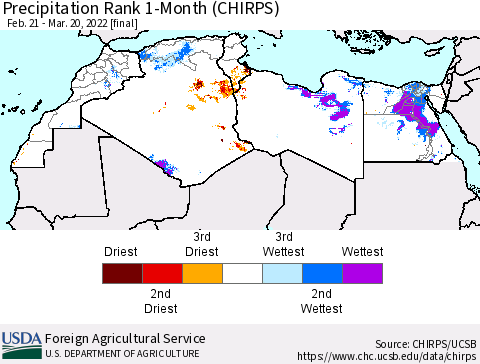 North Africa Precipitation Rank since 1981, 1-Month (CHIRPS) Thematic Map For 2/21/2022 - 3/20/2022