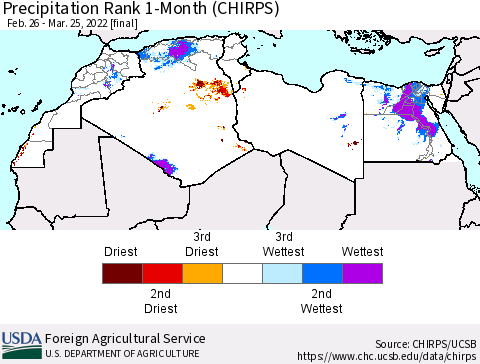 North Africa Precipitation Rank since 1981, 1-Month (CHIRPS) Thematic Map For 2/26/2022 - 3/25/2022