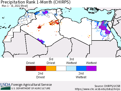 North Africa Precipitation Rank since 1981, 1-Month (CHIRPS) Thematic Map For 3/1/2022 - 3/31/2022
