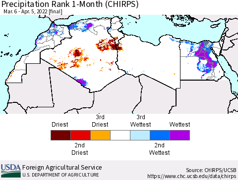 North Africa Precipitation Rank since 1981, 1-Month (CHIRPS) Thematic Map For 3/6/2022 - 4/5/2022