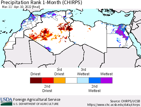 North Africa Precipitation Rank since 1981, 1-Month (CHIRPS) Thematic Map For 3/11/2022 - 4/10/2022