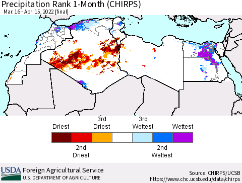 North Africa Precipitation Rank since 1981, 1-Month (CHIRPS) Thematic Map For 3/16/2022 - 4/15/2022