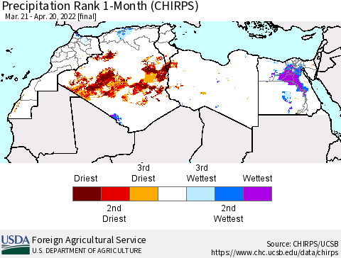 North Africa Precipitation Rank since 1981, 1-Month (CHIRPS) Thematic Map For 3/21/2022 - 4/20/2022