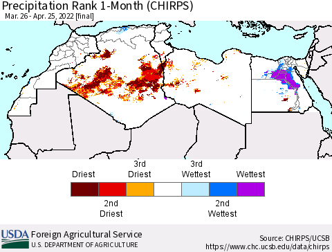 North Africa Precipitation Rank since 1981, 1-Month (CHIRPS) Thematic Map For 3/26/2022 - 4/25/2022