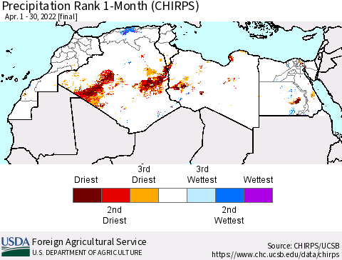 North Africa Precipitation Rank since 1981, 1-Month (CHIRPS) Thematic Map For 4/1/2022 - 4/30/2022