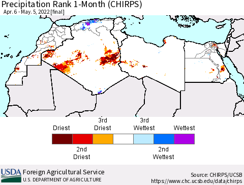 North Africa Precipitation Rank since 1981, 1-Month (CHIRPS) Thematic Map For 4/6/2022 - 5/5/2022