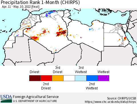 North Africa Precipitation Rank since 1981, 1-Month (CHIRPS) Thematic Map For 4/11/2022 - 5/10/2022