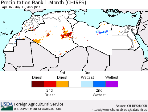 North Africa Precipitation Rank since 1981, 1-Month (CHIRPS) Thematic Map For 4/16/2022 - 5/15/2022