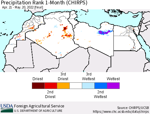 North Africa Precipitation Rank since 1981, 1-Month (CHIRPS) Thematic Map For 4/21/2022 - 5/20/2022