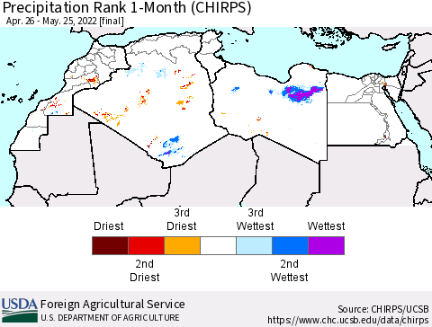 North Africa Precipitation Rank since 1981, 1-Month (CHIRPS) Thematic Map For 4/26/2022 - 5/25/2022
