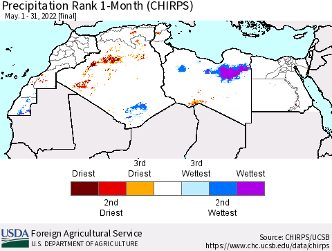 North Africa Precipitation Rank since 1981, 1-Month (CHIRPS) Thematic Map For 5/1/2022 - 5/31/2022