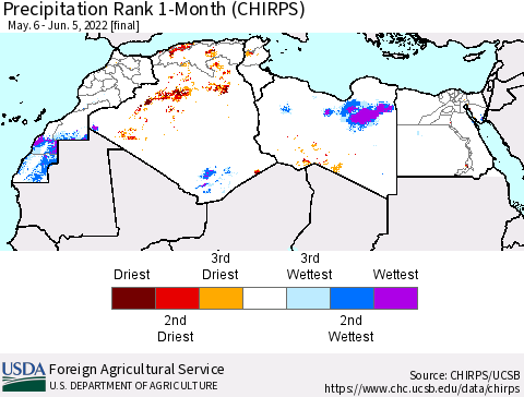 North Africa Precipitation Rank since 1981, 1-Month (CHIRPS) Thematic Map For 5/6/2022 - 6/5/2022