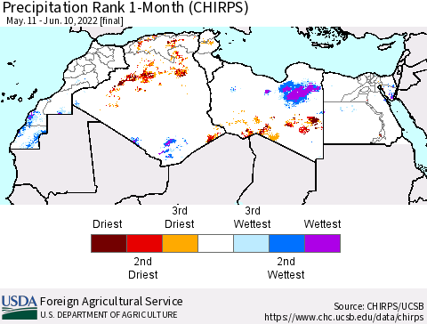 North Africa Precipitation Rank since 1981, 1-Month (CHIRPS) Thematic Map For 5/11/2022 - 6/10/2022