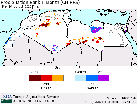 North Africa Precipitation Rank since 1981, 1-Month (CHIRPS) Thematic Map For 5/16/2022 - 6/15/2022