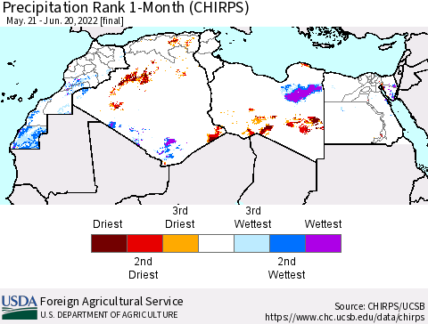 North Africa Precipitation Rank since 1981, 1-Month (CHIRPS) Thematic Map For 5/21/2022 - 6/20/2022
