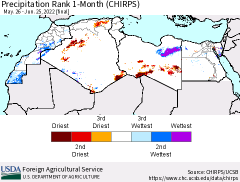 North Africa Precipitation Rank since 1981, 1-Month (CHIRPS) Thematic Map For 5/26/2022 - 6/25/2022
