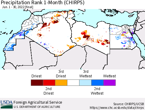 North Africa Precipitation Rank since 1981, 1-Month (CHIRPS) Thematic Map For 6/1/2022 - 6/30/2022