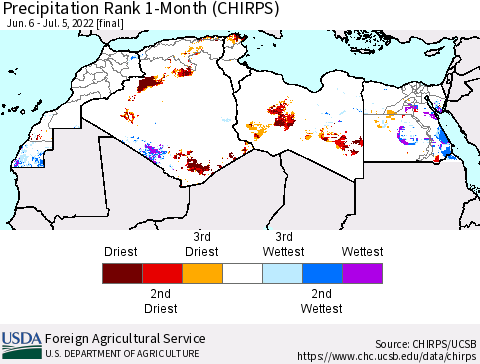 North Africa Precipitation Rank since 1981, 1-Month (CHIRPS) Thematic Map For 6/6/2022 - 7/5/2022
