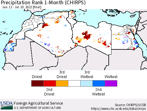 North Africa Precipitation Rank since 1981, 1-Month (CHIRPS) Thematic Map For 6/11/2022 - 7/10/2022