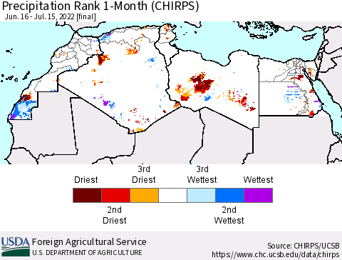 North Africa Precipitation Rank since 1981, 1-Month (CHIRPS) Thematic Map For 6/16/2022 - 7/15/2022
