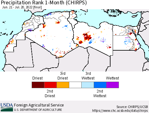 North Africa Precipitation Rank since 1981, 1-Month (CHIRPS) Thematic Map For 6/21/2022 - 7/20/2022