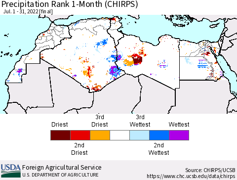 North Africa Precipitation Rank since 1981, 1-Month (CHIRPS) Thematic Map For 7/1/2022 - 7/31/2022