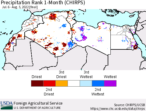 North Africa Precipitation Rank since 1981, 1-Month (CHIRPS) Thematic Map For 7/6/2022 - 8/5/2022
