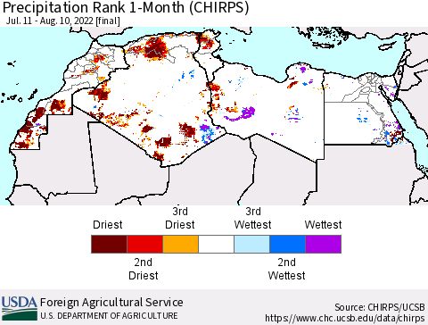 North Africa Precipitation Rank since 1981, 1-Month (CHIRPS) Thematic Map For 7/11/2022 - 8/10/2022