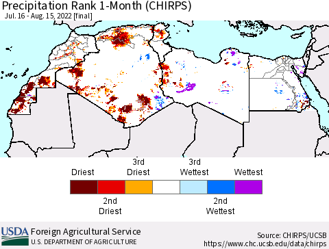 North Africa Precipitation Rank since 1981, 1-Month (CHIRPS) Thematic Map For 7/16/2022 - 8/15/2022