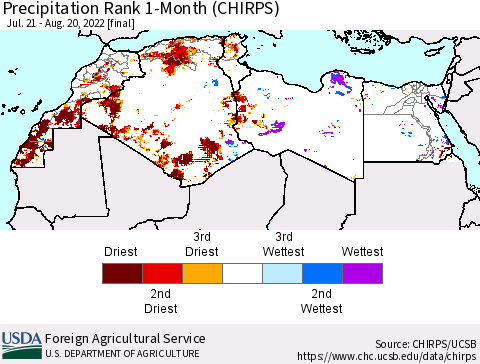 North Africa Precipitation Rank since 1981, 1-Month (CHIRPS) Thematic Map For 7/21/2022 - 8/20/2022