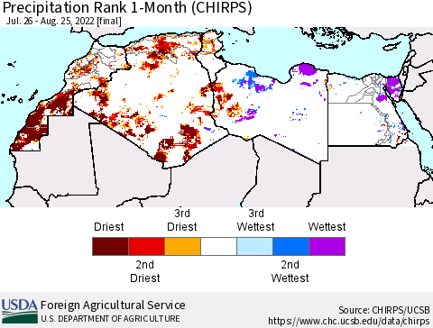North Africa Precipitation Rank since 1981, 1-Month (CHIRPS) Thematic Map For 7/26/2022 - 8/25/2022