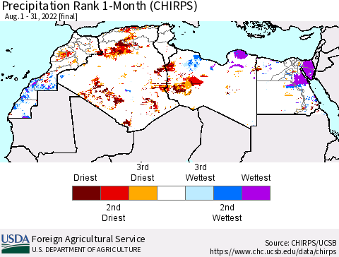 North Africa Precipitation Rank since 1981, 1-Month (CHIRPS) Thematic Map For 8/1/2022 - 8/31/2022