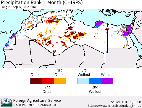 North Africa Precipitation Rank since 1981, 1-Month (CHIRPS) Thematic Map For 8/6/2022 - 9/5/2022