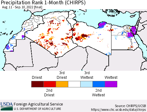 North Africa Precipitation Rank since 1981, 1-Month (CHIRPS) Thematic Map For 8/11/2022 - 9/10/2022