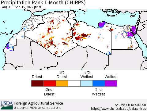 North Africa Precipitation Rank since 1981, 1-Month (CHIRPS) Thematic Map For 8/16/2022 - 9/15/2022