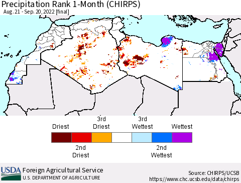 North Africa Precipitation Rank since 1981, 1-Month (CHIRPS) Thematic Map For 8/21/2022 - 9/20/2022