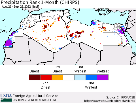 North Africa Precipitation Rank since 1981, 1-Month (CHIRPS) Thematic Map For 8/26/2022 - 9/25/2022