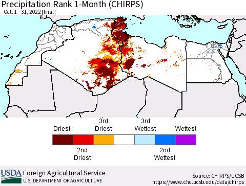 North Africa Precipitation Rank since 1981, 1-Month (CHIRPS) Thematic Map For 10/1/2022 - 10/31/2022