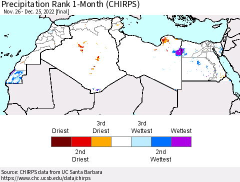 North Africa Precipitation Rank since 1981, 1-Month (CHIRPS) Thematic Map For 11/26/2022 - 12/25/2022