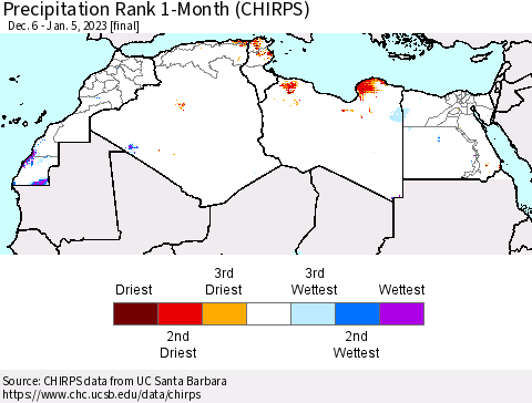 North Africa Precipitation Rank since 1981, 1-Month (CHIRPS) Thematic Map For 12/6/2022 - 1/5/2023