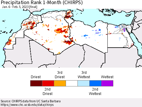 North Africa Precipitation Rank since 1981, 1-Month (CHIRPS) Thematic Map For 1/6/2023 - 2/5/2023