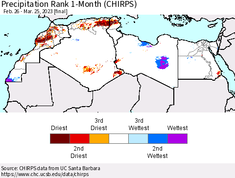 North Africa Precipitation Rank since 1981, 1-Month (CHIRPS) Thematic Map For 2/26/2023 - 3/25/2023