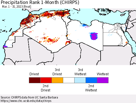 North Africa Precipitation Rank since 1981, 1-Month (CHIRPS) Thematic Map For 3/1/2023 - 3/31/2023