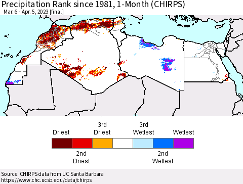 North Africa Precipitation Rank since 1981, 1-Month (CHIRPS) Thematic Map For 3/6/2023 - 4/5/2023
