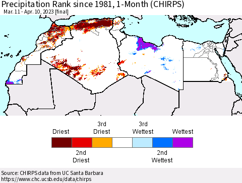 North Africa Precipitation Rank since 1981, 1-Month (CHIRPS) Thematic Map For 3/11/2023 - 4/10/2023