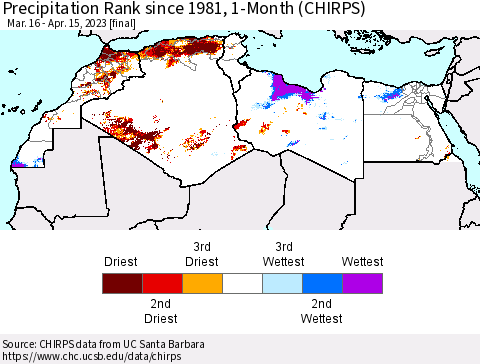 North Africa Precipitation Rank since 1981, 1-Month (CHIRPS) Thematic Map For 3/16/2023 - 4/15/2023