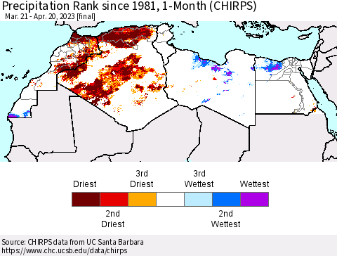 North Africa Precipitation Rank since 1981, 1-Month (CHIRPS) Thematic Map For 3/21/2023 - 4/20/2023