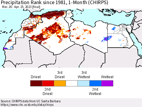 North Africa Precipitation Rank since 1981, 1-Month (CHIRPS) Thematic Map For 3/26/2023 - 4/25/2023